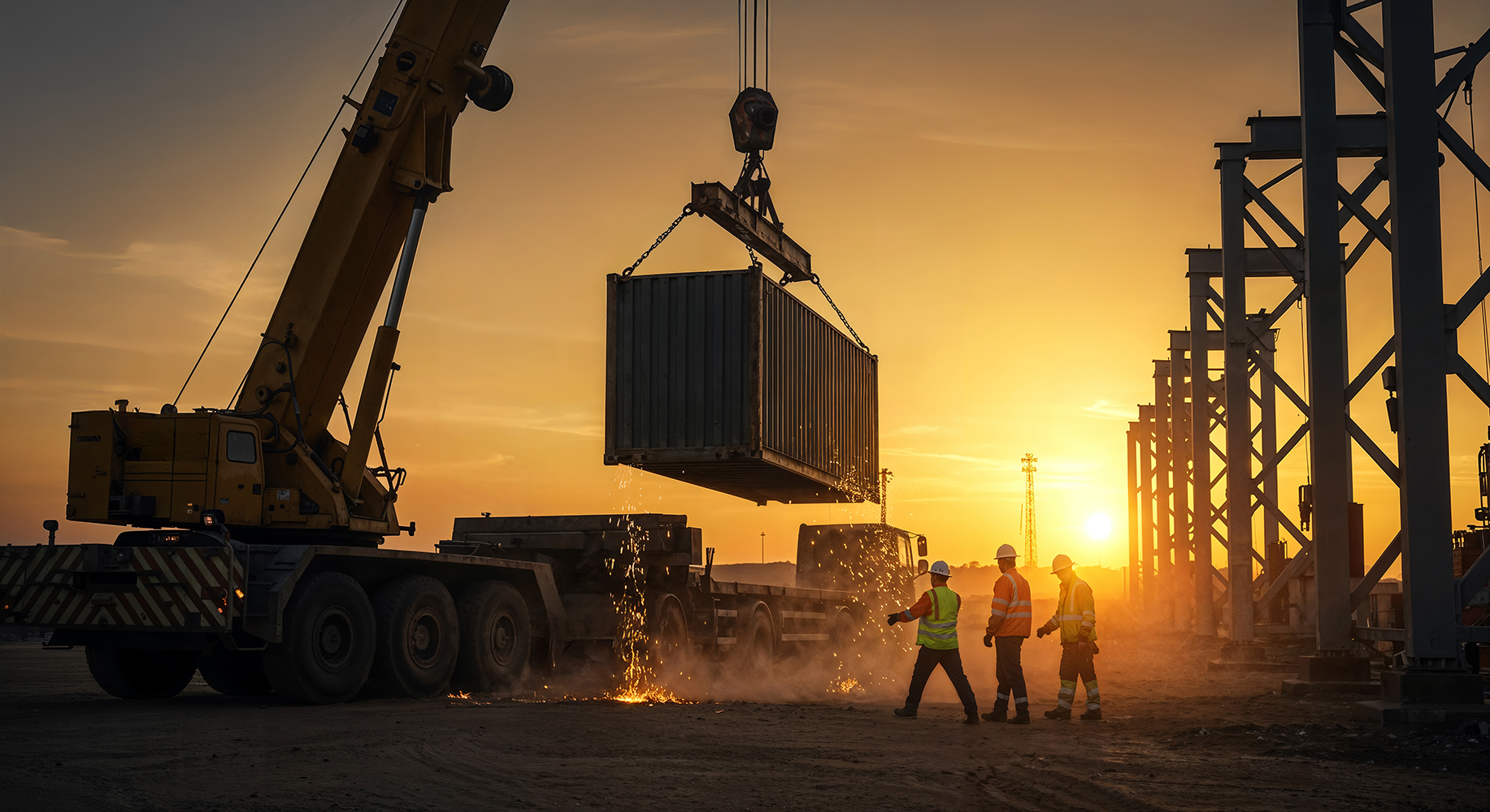 construction-site-sunset-crane-lifting-container